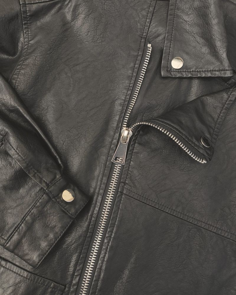 Close-up of the asymmetric zip, snaps and leather grain
