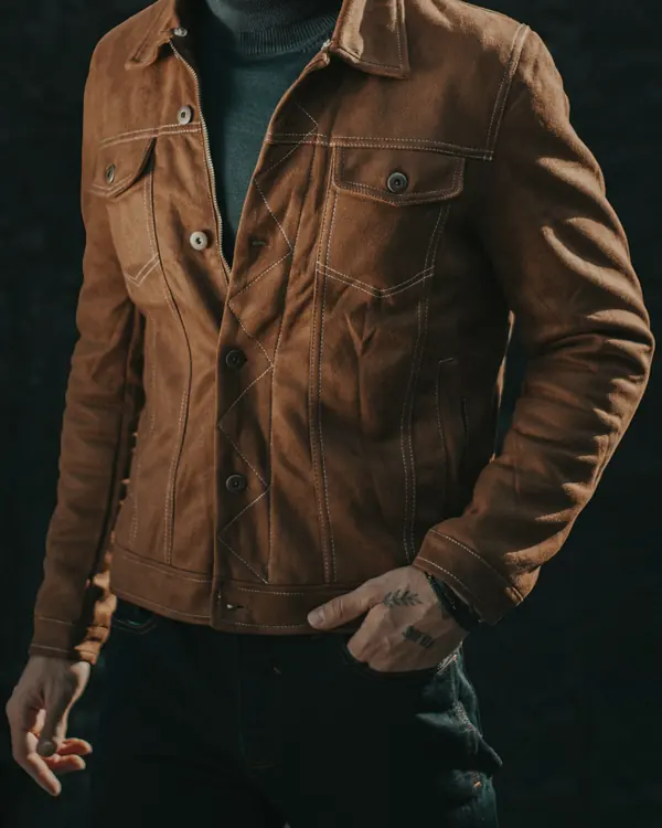Tan nubuck trucker jacket with contrast stitching and two chest pockets