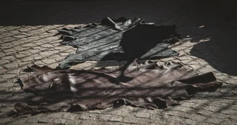 Two hides laid flat on cobblestones