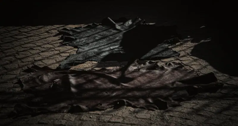Dark hides laid out on a stone floor